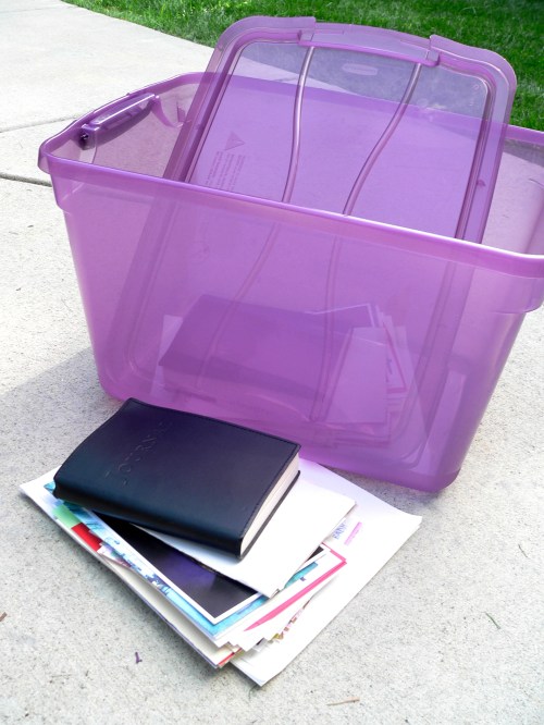 Dan's empty bin and small pile of keepsakes